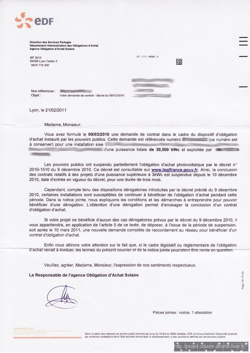 Courrier EDF AOA moratoire photovoltaique